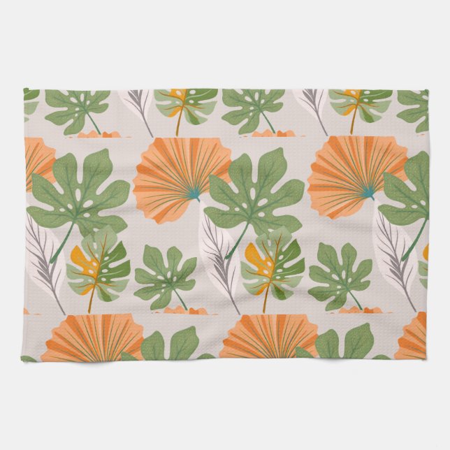 Linge De Cuisine Composition de feuilles tropicales en orange et ve (Horizontal)