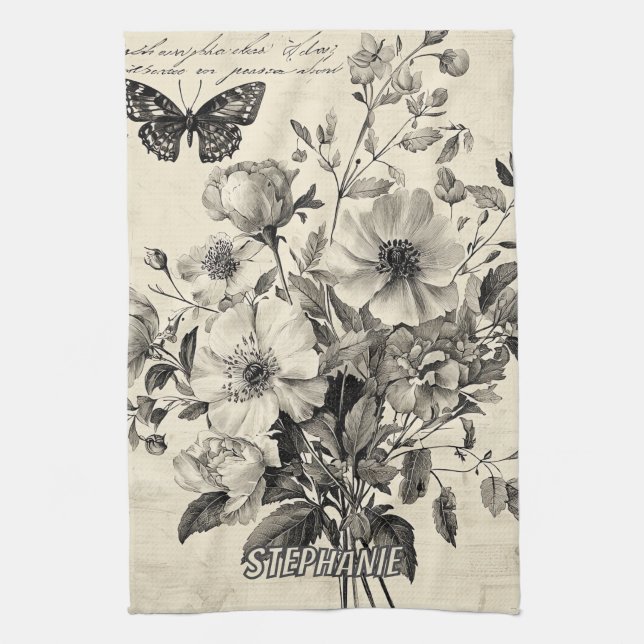 Linge De Cuisine Composition florale antique - Papillon monochrome (Vertical)