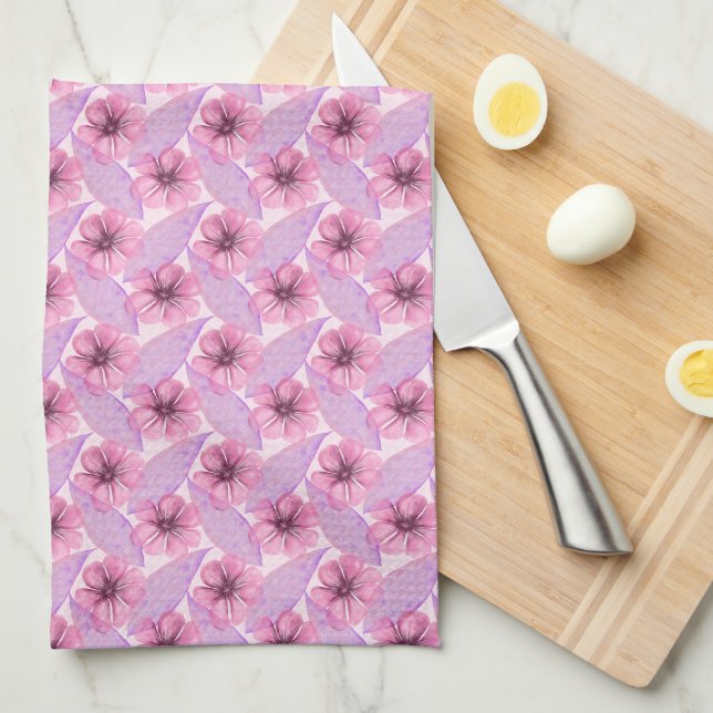 Linge De Cuisine Conception botanique florale à l'aquarelle rose B (Quart Plié)