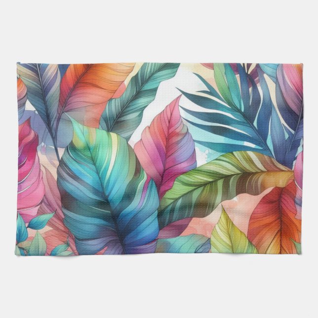 Linge De Cuisine Conception couleur Feuille Tropical Aquarelle (Horizontal)