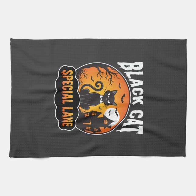 Linge De Cuisine Conception de Maison Hantée de Chat Noir Halloween (Horizontal)