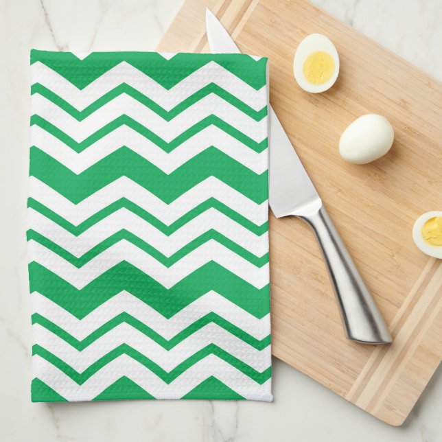 Linge De Cuisine Conception de motif en chevron zigzag blanc vert  (Quart Plié)