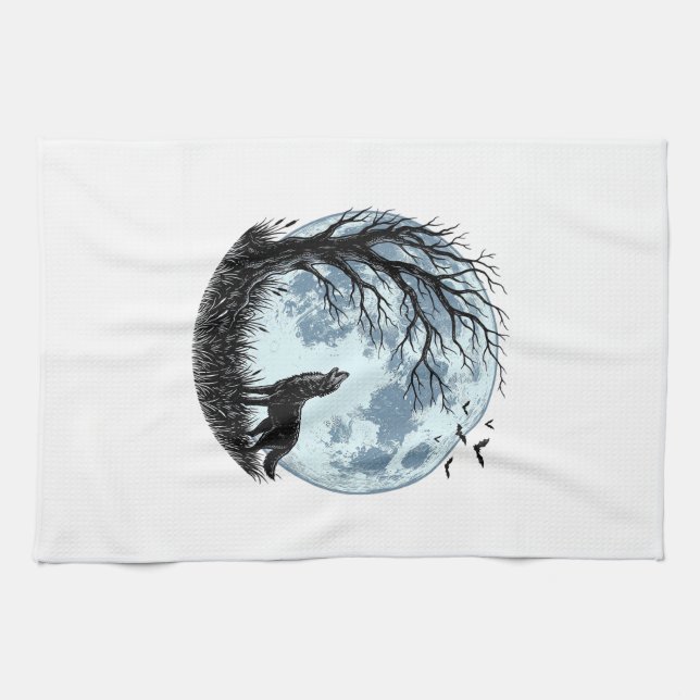 Linge De Cuisine Conception de silhouette d'arbre de lune hurlement (Horizontal)