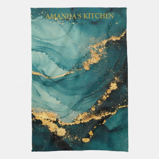 Linge De Cuisine Conception d'encre alcoolique Deep Teal & Gold Flu (Vertical)