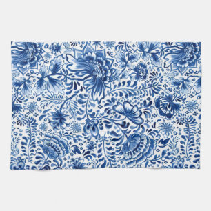 Linge De Cuisine Conception florale de batik bleu et blanc