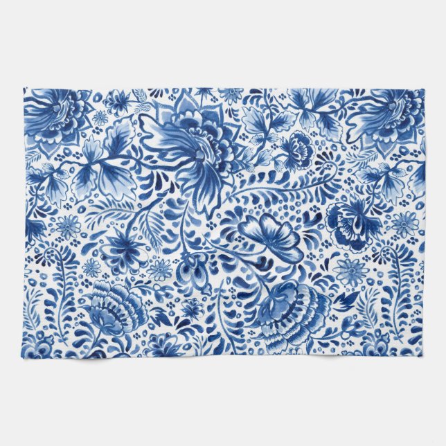 Linge De Cuisine Conception florale de batik bleu et blanc  (Horizontal)