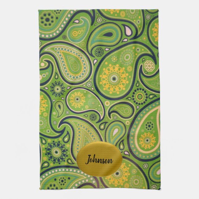 Linge De Cuisine Conception Retro Green et Yellow Paisley (Vertical)