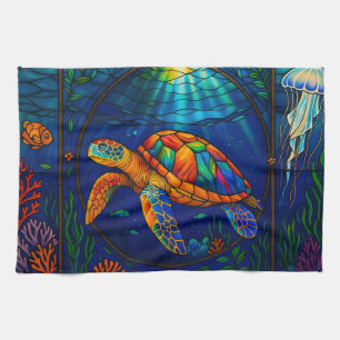 Linge De Cuisine Conception vibrante de tortue marine en verre colo