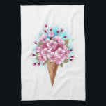 Linge De Cuisine Cône rose Sakura crème glacée gaufre<br><div class="desc">Cône gaufre douce avec fleurs de cerisier japonais rose frais sur arrière - plan blanc avec stries d'aquarelle bleue. Cerise japonaise rose.</div>