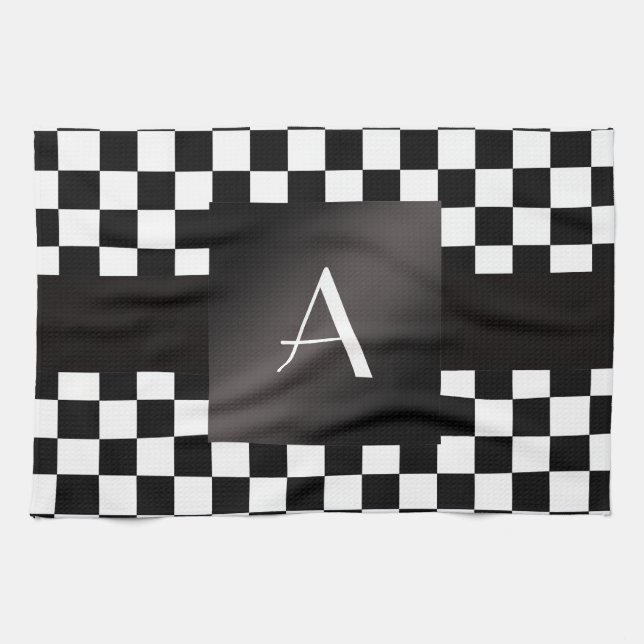 Linge De Cuisine Contrôleurs noirs et blancs de monogramme (Horizontal)