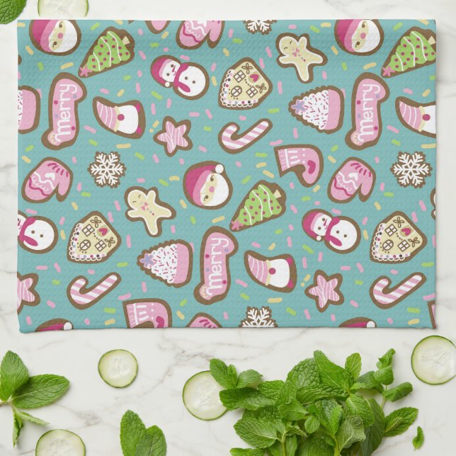 Linge De Cuisine Cookies Noël Turquoise (Plié)
