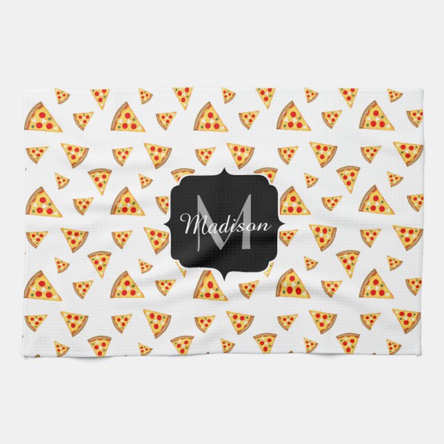 Linge De Cuisine Cool et fun pizza tranches motif Monogram blanc (Horizontal)