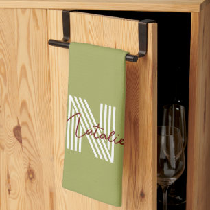 Linge De Cuisine Cool moderne initial et texte de script vert olive