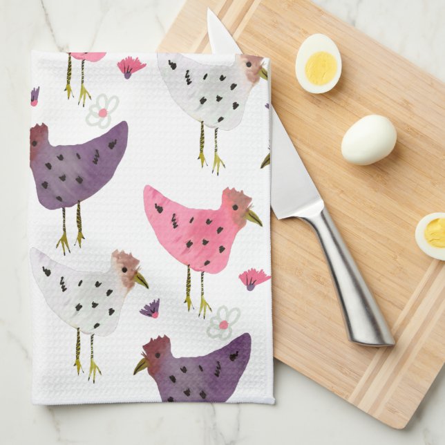 Linge De Cuisine Coq à l'aquarelle motif floral rose violet (Quart Plié)