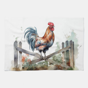 Linge De Cuisine coq assis sur la barrière blanche aquarelle