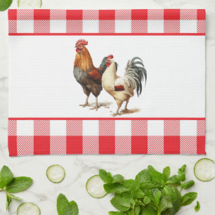 Linge De Cuisine Coqs en rouge et blanc À damiers plaid