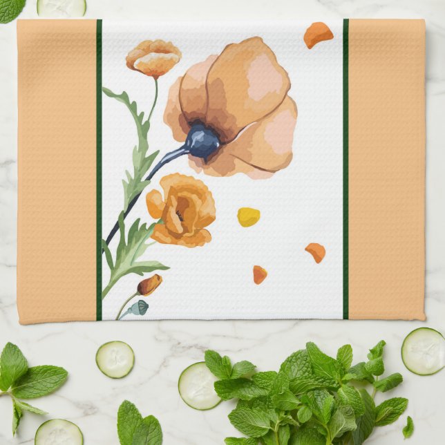 Linge De Cuisine Coquelicot aquarelle orange  (Plié)