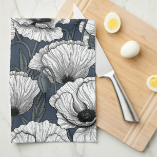 Linge De Cuisine Coquelicots blancs sur fond bleu marine