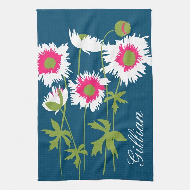 Linge De Cuisine Coquelicots graphiques fleurs en blanc rose vert b (Vertical)