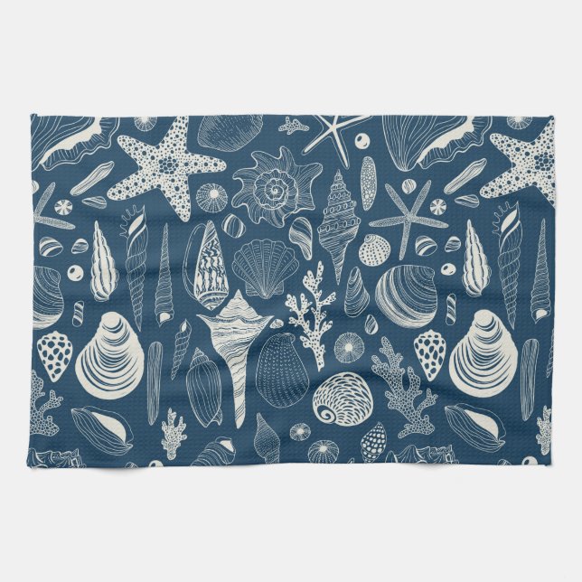 Linge De Cuisine Coques de mer sur bleu foncé (Horizontal)