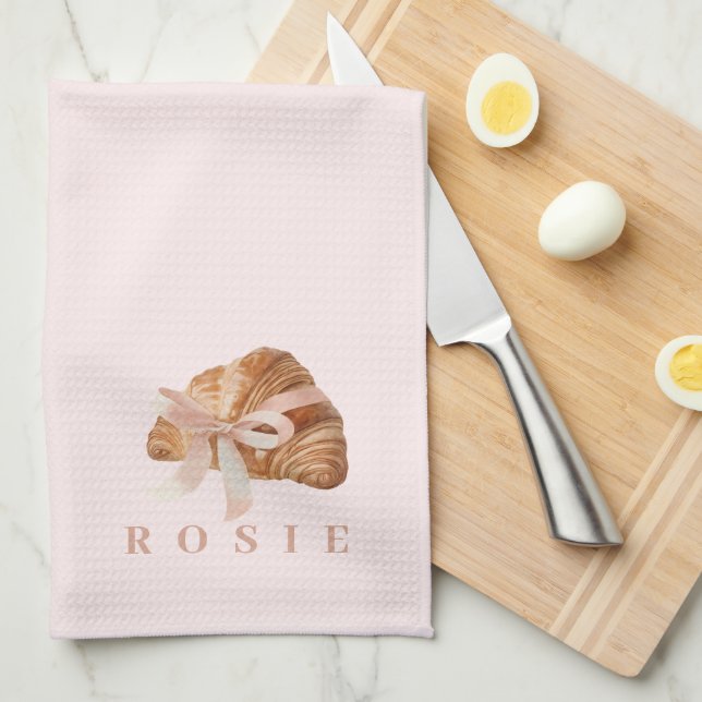 Linge De Cuisine Coquette personnalisée Croissant rose Ribbon (Quart Plié)