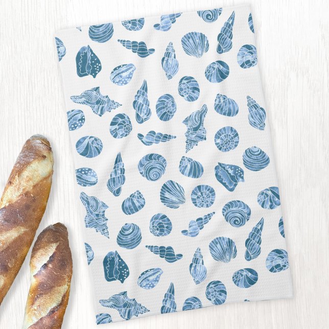 Linge De Cuisine Coquillage Aquarelle Marin Côtier Bleu (Sea shell watercolor pattern coastal nautical themed kitchen tea towel)
