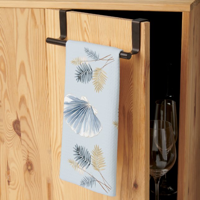 Linge De Cuisine Coquillage côtier bleu aquarelle  (Pliage en tiers)