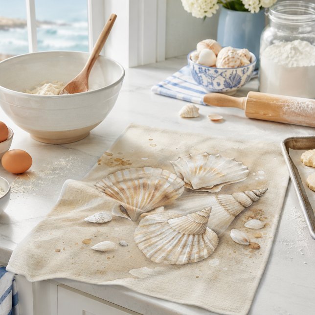 Linge De Cuisine Coquillages Aquarelle Côtière  (Créateur téléchargé)