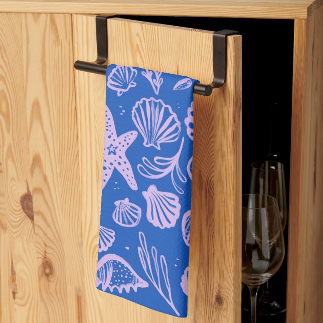 Linge De Cuisine Coquillages Blue Lavender Motif Beach Coques Chic (Pliage en tiers)