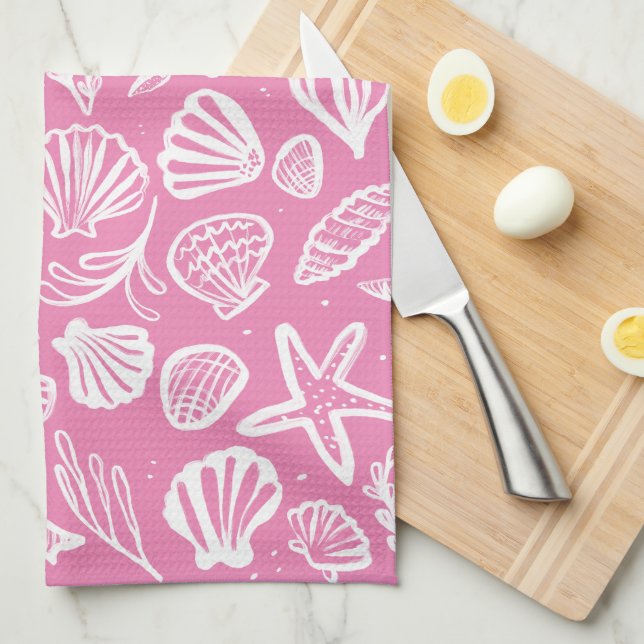 Linge De Cuisine Coquillages Plage Motif Rose Coques Chic (Quart Plié)