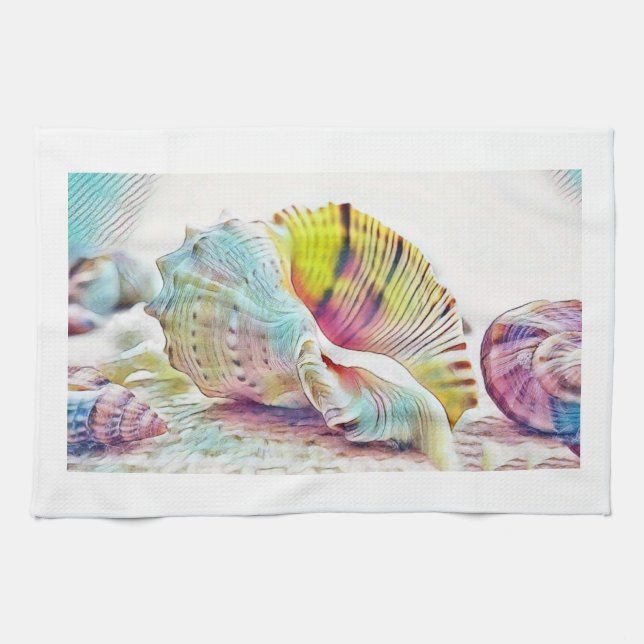 Linge De Cuisine Coquillages rose jaune et bleu aquarelle (Horizontal)