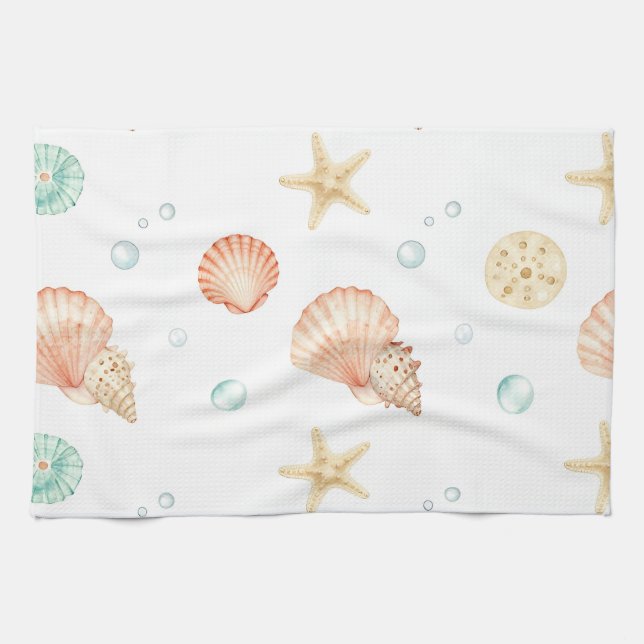 Linge De Cuisine Coquilles d'aquarelle Perles Motif côtier (Horizontal)
