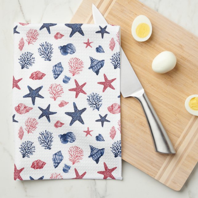 Linge De Cuisine Coquilles Patriotiques & Corail Été (Quart Plié)