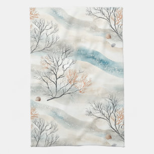Linge De Cuisine Corail à texture aquarelle en orange et bleu ardoi