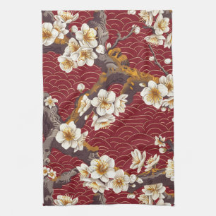 Linge De Cuisine Corail Crème Bourguignon Motif Fleur de Prunier Ja