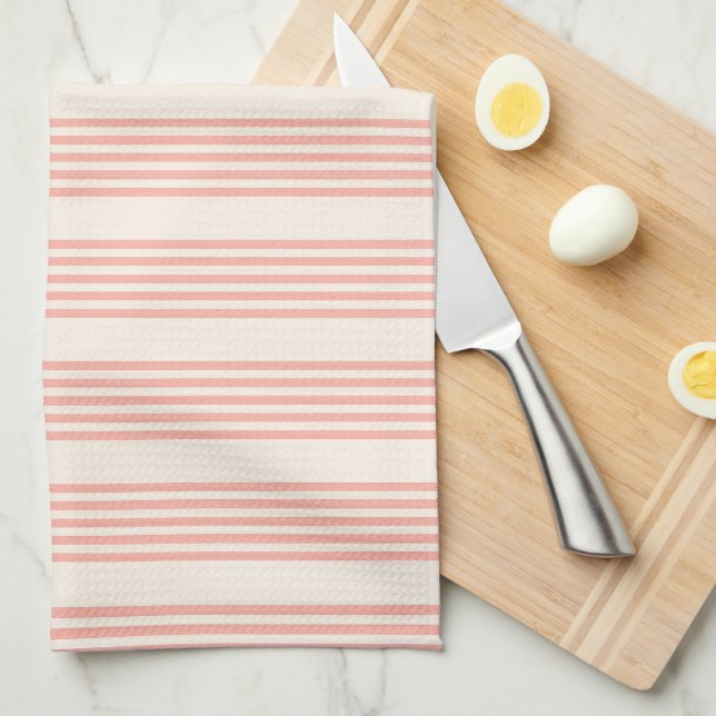 Linge De Cuisine Corail et beige cinq rayures motif (Quart Plié)