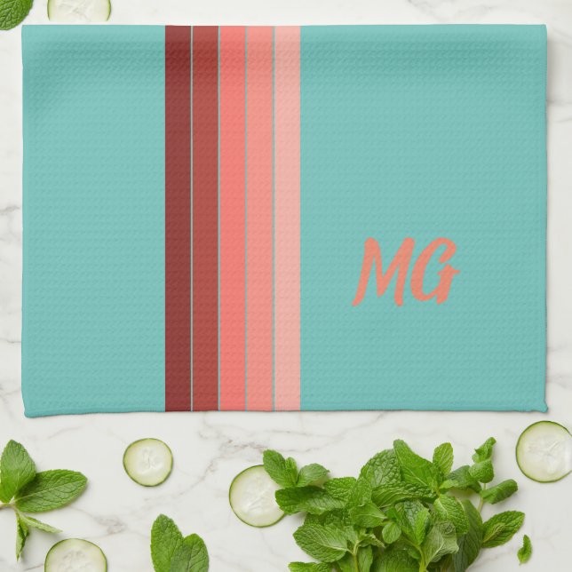 Linge De Cuisine Corail monogramme Rouge Rose Blancs (Plié)