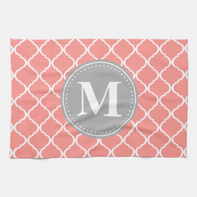 Linge De Cuisine Corail rose latex marocain Gris Monogramme (Horizontal)
