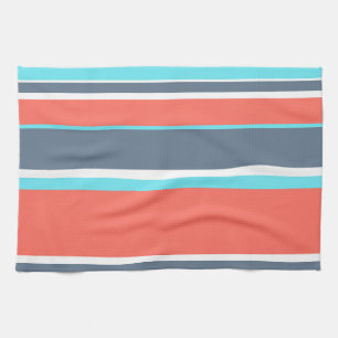 Linge De Cuisine Corail vivant, bandes bleues et grises