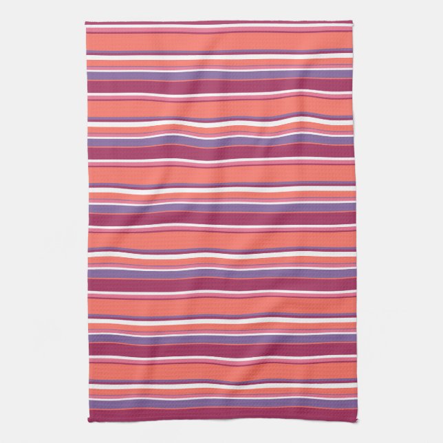 Linge De Cuisine Corail vivant, bandes rouge et violet (Vertical)