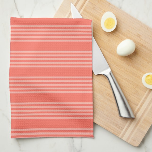 Linge De Cuisine Corail vivant cinq bandes motif (Quart Plié)