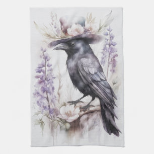 Linge De Cuisine Corbeau Crow avec chapeau et fleurs Watercolor