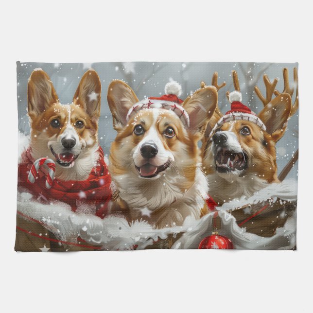 Linge De Cuisine Corgi Chien Noël Festif (Horizontal)