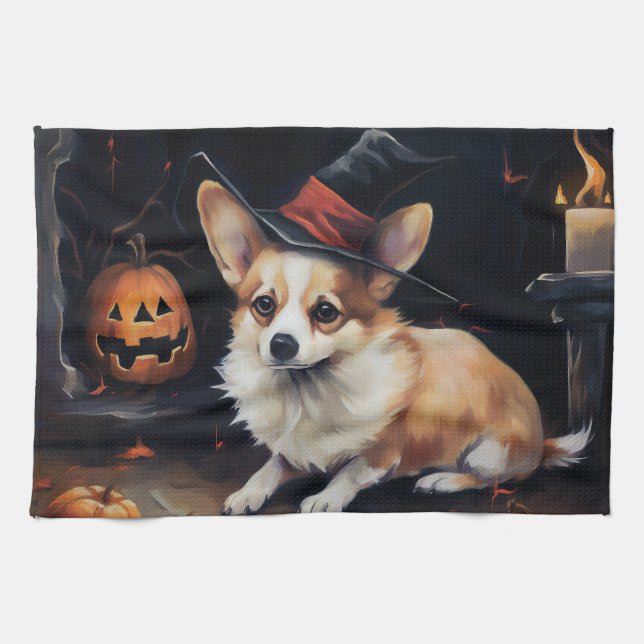 Linge De Cuisine Corgi Citrouilles Halloween Épouvantable (Horizontal)