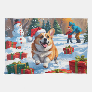 Linge De Cuisine Corgi courant dans la neige avec un chapeau de Noë
