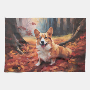 Linge De Cuisine Corgi dans les feuilles d'automne qui tombent insp