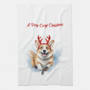 Linge De Cuisine Corgi de Noël avec des bois de rennes bondissant