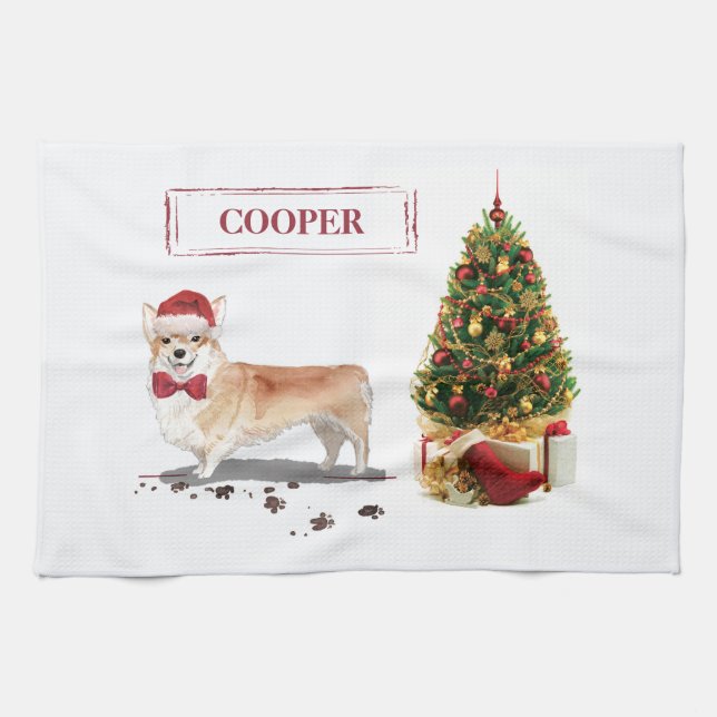 Linge De Cuisine Corgi Funny Chien de Noël avec arbre (Horizontal)