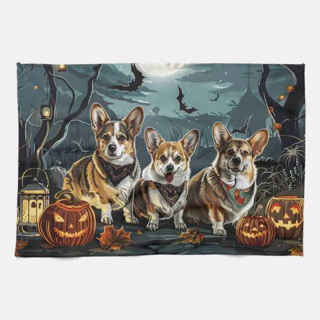 Linge De Cuisine Corgi Halloween Épouvantable (Horizontal)