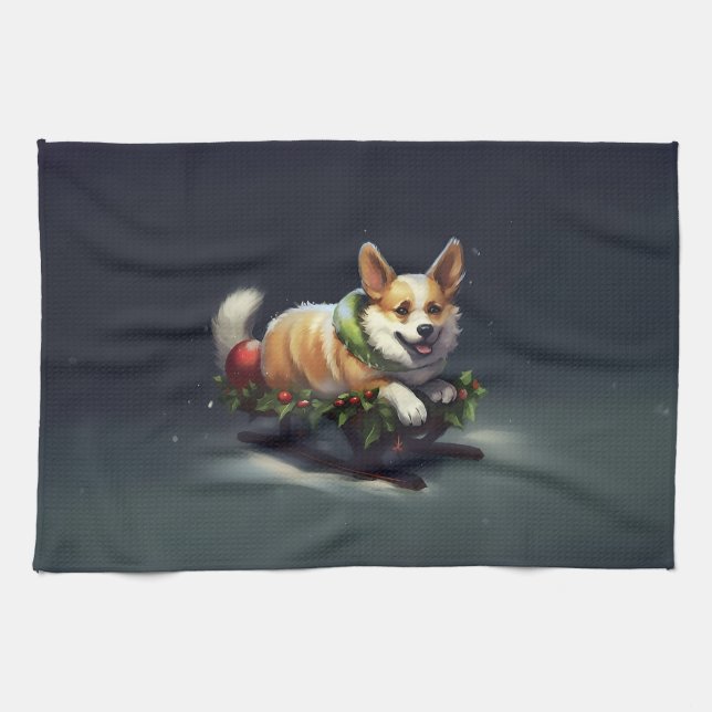 Linge De Cuisine Corgi Noël neige hiver (Horizontal)